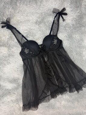 Victoria’s Secret Black Sheer Mesh Babydoll 36B Rhinestone Bow Lingerie Coquette